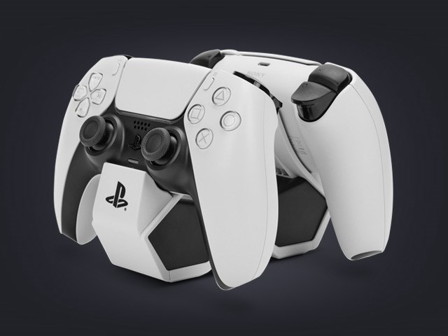 Twin Charging Station for DualSense Wireless Controllers shown charging two controllers